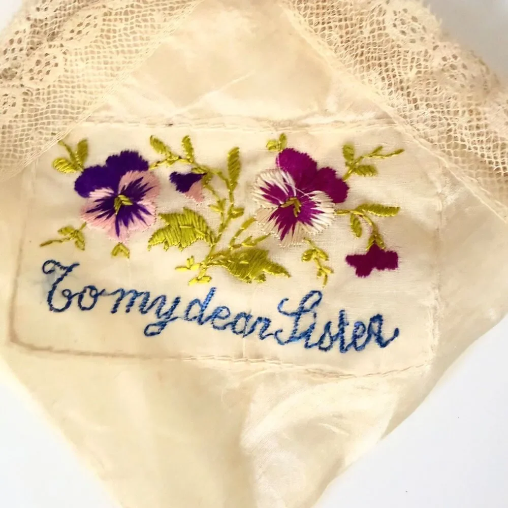 Vintage Embroidered Sister Handkerchiefs Pair Floral Lace To My Dear Sister